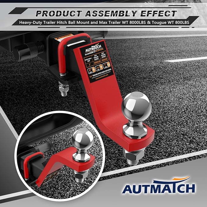 AUTMATCH Trailer Hitch Ball Mount with 2 Inch Hitch Ball - Fits 2" Receiver with Hitch Tightener, 8000Lbs Capacity Ball Hitch, 6-Inch Drop with 5/8" Hitch Lock Pin, Red & Black