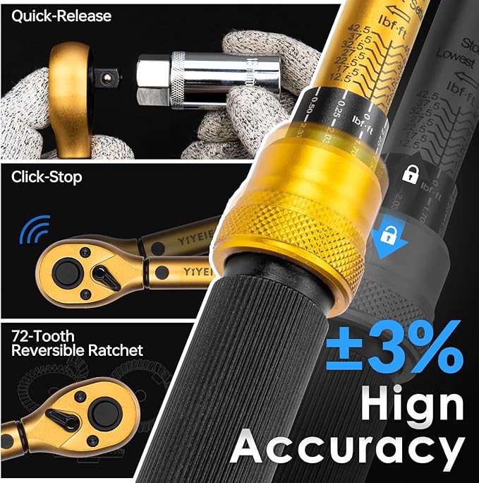 3/8-Inch Drive Torque Wrench Set, 10-45 FT.LB (13.6-61Nm), Magnetic Spark Plug Socket Set, 12-Point Sockets 14mm & 16mm, Spark Plug Gap Tool, ±3% Accuracy, 72-Tooth Torque Wrench for Motor, Car Repair