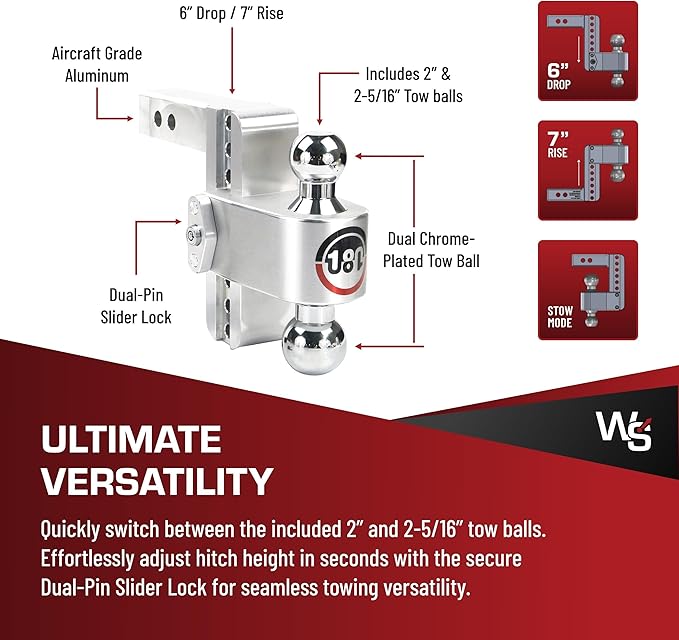 Weigh Safe Adjustable Trailer Hitch Ball Mount, 6" Adjustable Drop Hitch for 2" Receiver w/ 2 pc Keyed Alike Lock Set, Heavy Duty Aluminum Trailer Tow Hitch w/ Chrome Plated Tow Balls, 12,500 lbs GTW