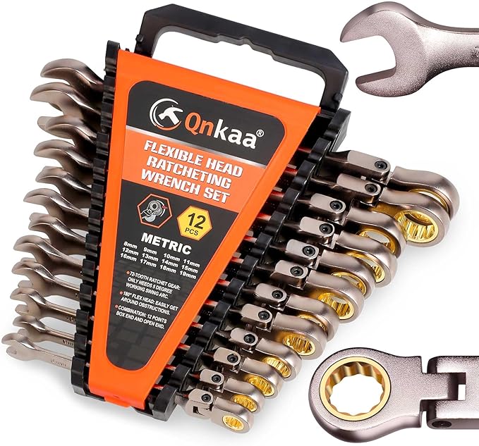 Qnkaa Flexible Ratcheting Wrench Set 12pcs Metric 8-19mm Flex-Head Spanner Gear Ring Ratchet Combination Wrenches Kit with Portable Organizer