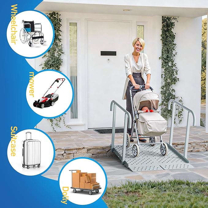Portable Wheelchair Ramp with Handrails, Non-Slip Iron Handicap Ramp 440lbs Load Capacity, 40-inch Length Wheelchair Ramp for Home Steps, Stairs, Doorways and Curbs