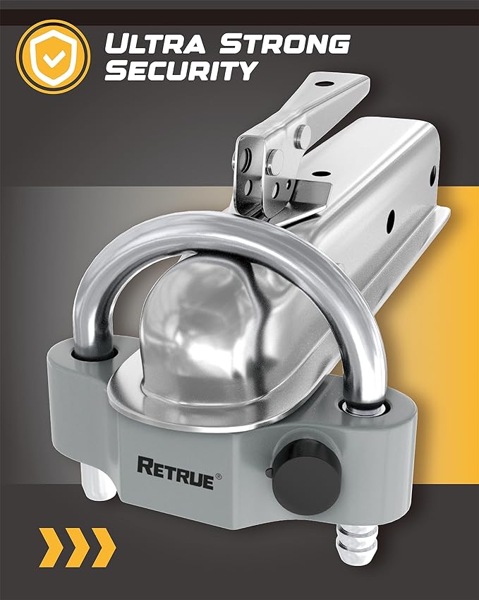 RETRUE Heavy-Duty Universal Coupler Lock Trailer Locks Ball Hitch Trailer Hitch Lock Adjustable Security Steel Fits 1-7/8 Inch, 2 Inch, 2-5/16 Inch Couplers Grey & Silver