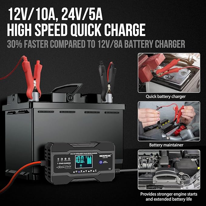 NEXPEAK 10-Amp Car Battery Charger, 12V and 24V Smart Fully Automatic Maintainer Trickle Charger w/Temperature Compensation for Truck Motorcycle Lawn Mower Boat Marine Lead Acid Batteries