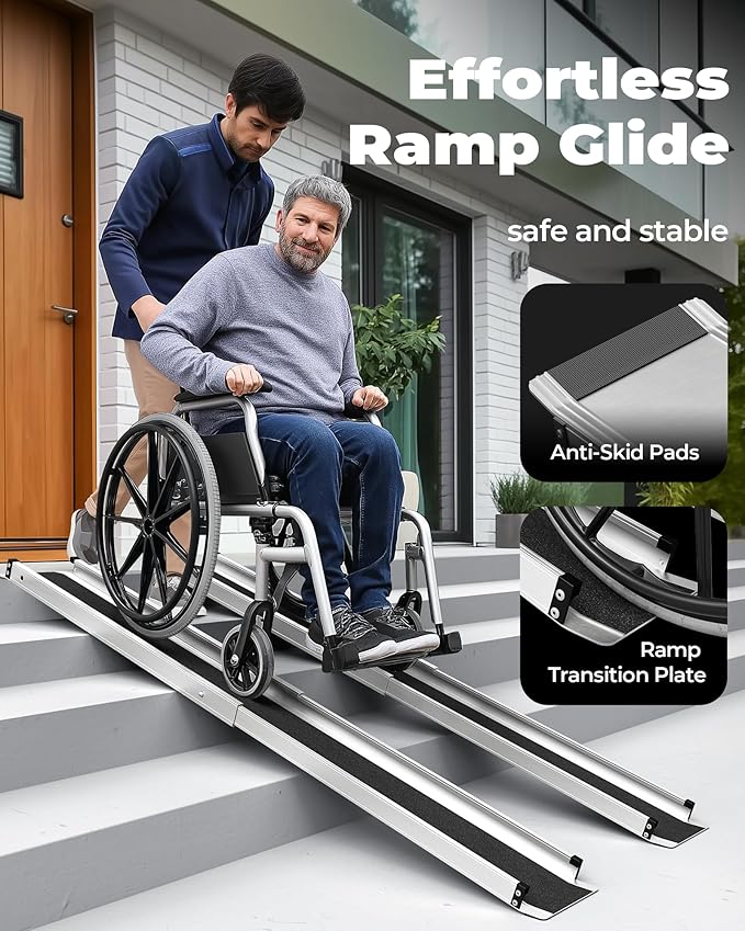 Adjustable Wheelchair Ramp 7FT Telescoping Portable Wheelchair Ramps for Steps Ramps for Wheelchair for Home with Storage Bag Aluminum Non-Skid Ramps 84" L x 7.4" W 600lbs Capacity (2 Pack)
