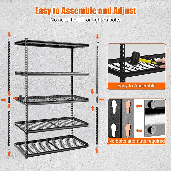 Towallmark Heavy Duty Storage Shelves 48 * 24in, 5 Tier Garage Storage Shelving, Adjustable Metal Storage Shelf Unit, Easy Assemble Garage Storage Shelving