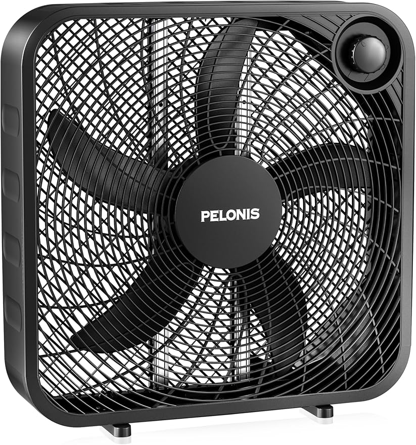 PELONIS 20 Inch Box Fan – 3 Speeds, Window Fans, Floor or Tabletop, 25ft/s, 2025 Upgraded, Superior Air Throw (2295 CFM), Lightweight, 5 Blades, Fans for Bedroom, Office, Living Room, Garage