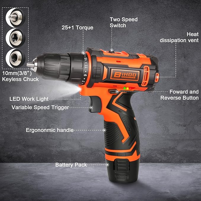 Cordless Drill Driver Set 12V,3/8"Keyless Chuck Battery Drill Kit,2 Variable Speed and 43pcs Drills Bits for Home DIY