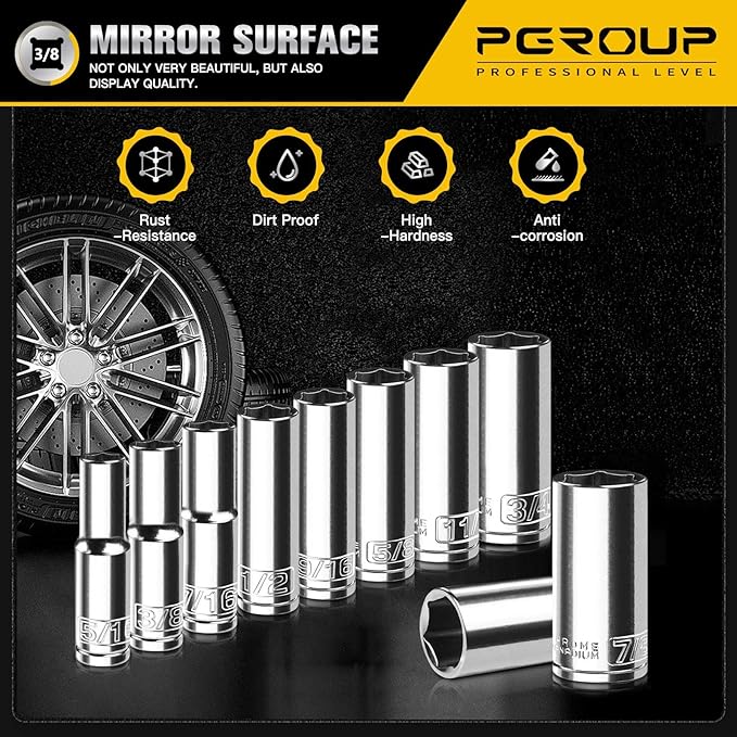 10PCS 3/8” Drive Deep Socket Set, SAE (5/16"-7/8"), 6-Point, Cr-V Steel, Chrome Plated Socket With Hanging Bracket, Cover Most Commonly Sizes