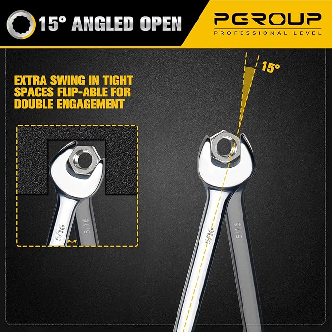 5/16" SAE Combination Wrench, CR-V Steel with Mirror Polish, 12-Point Design, 15-Degree Offset, Perfect for Auto Repair, Household, Car & Truck Emergency
