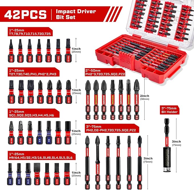 Geinxurn 42Pieces Impact Screwdriver Bits Set, Magnetic S2 Steel Phillips/Slotted/Square/Torx Insert Power Bits Tips, Impact Bit Holder with Red Storage Box Case