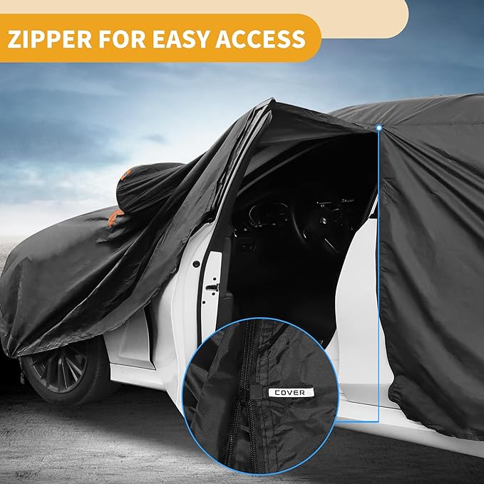 Universal Car Cover Waterproof All Weather 210D-PU, UV Sun Rain Protection, Fits for Sedan Length Up to 177", with Left Side Zipper, Black