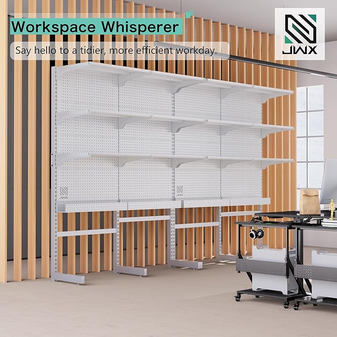 JWX Pegboard Storage Management Box - Easy Install, Secure Storage Solution for Gamers, DIYers, and Office Organization, Compatible Pegboard Standing Shelf Unit, White