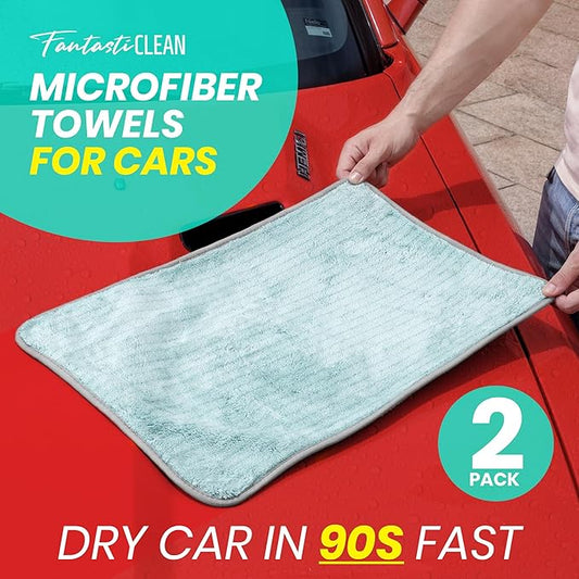 Fantasticlean Large Car Drying Towel 16x24 Inch 2 Pack，Super Absorbent, Soft Microfiber Towels for Cars, RVs, Trucks, No Scratch, Lint-Free, Auto Detailing Cloth for Polishing Waxing Washing(Green)