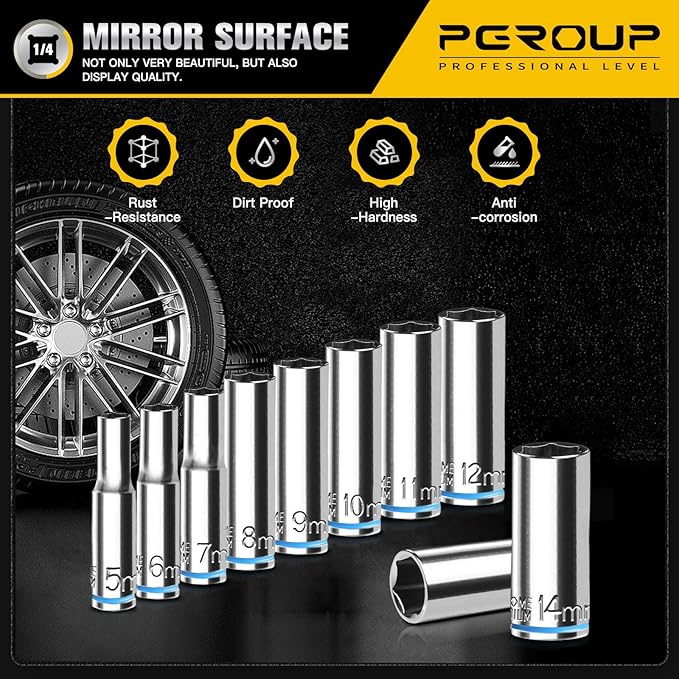 10PCS 1/4” Drive Deep Socket Set, Metric (5mm-14mm), 6-Point, Cr-V Steel, Chrome Plated Socket With Hanging Bracket, Cover Most Commonly Sizes