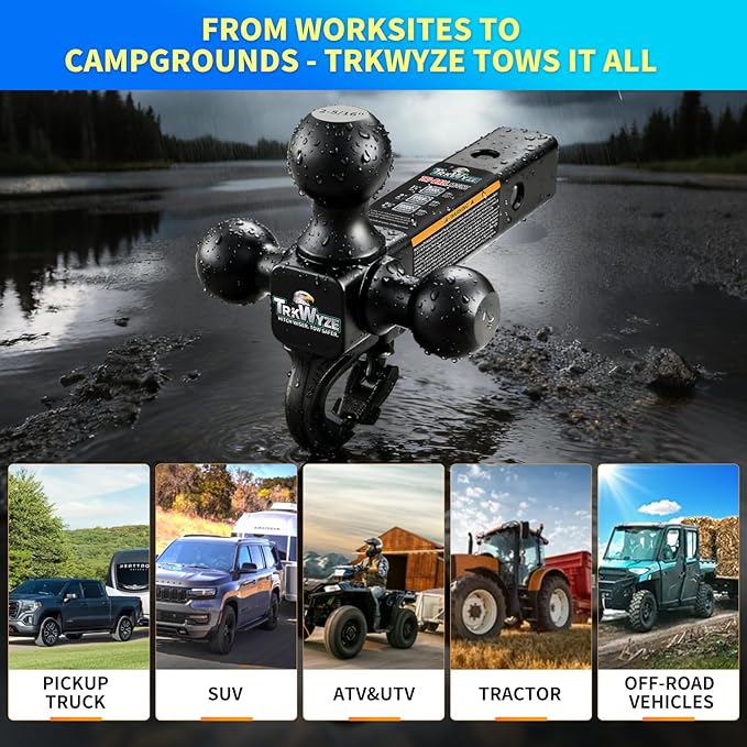 Trailer Hitch, Premium Black E-Coated Tri Ball Hitch with Tow Hook, 1 7/8 Ball Hitch, 2 inch Ball Hitch, 2 5/16 Ball Hitch, Rust-Resistant 2 inch Receiver Hitch, 10,000 lbs GTW (Locking Pin)