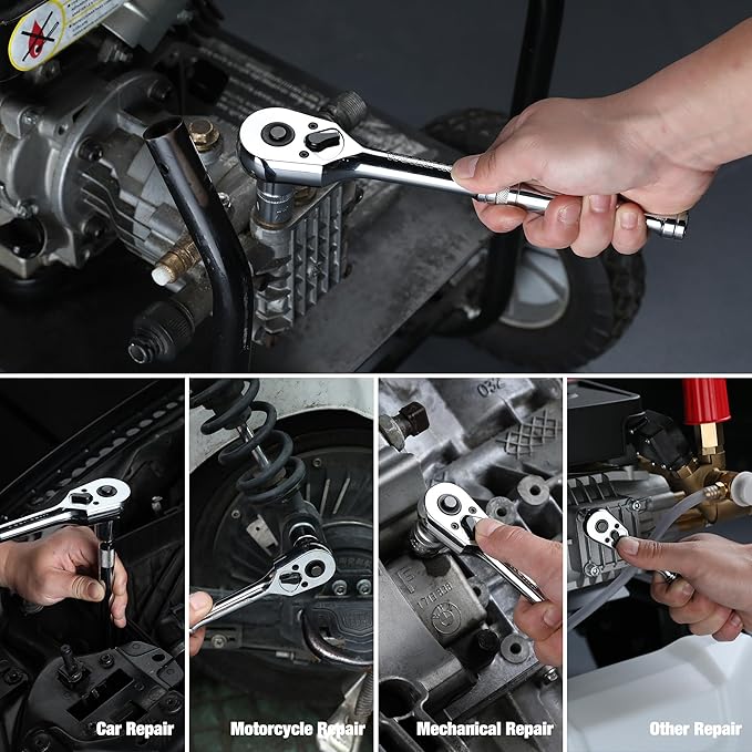 WORKPRO 3-Piece Ratchet Set, Quick Release Reversible, 72-Tooth, 1/4", 3/8", 1/2" Drive Ratchet Wrench, 5 Degree Swing, Chrome Alloy Made, Full Polished, EVA Storage