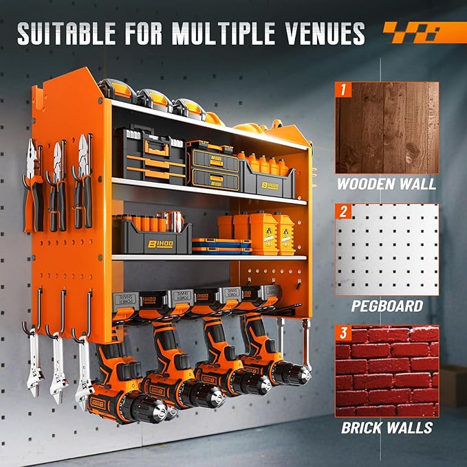 4 Tier Garage Tool Organizer, Drill Holder Wall Mount,Power Tool Storage,Heavy Duty Rack with Hooks,Mens Gifts Orange
