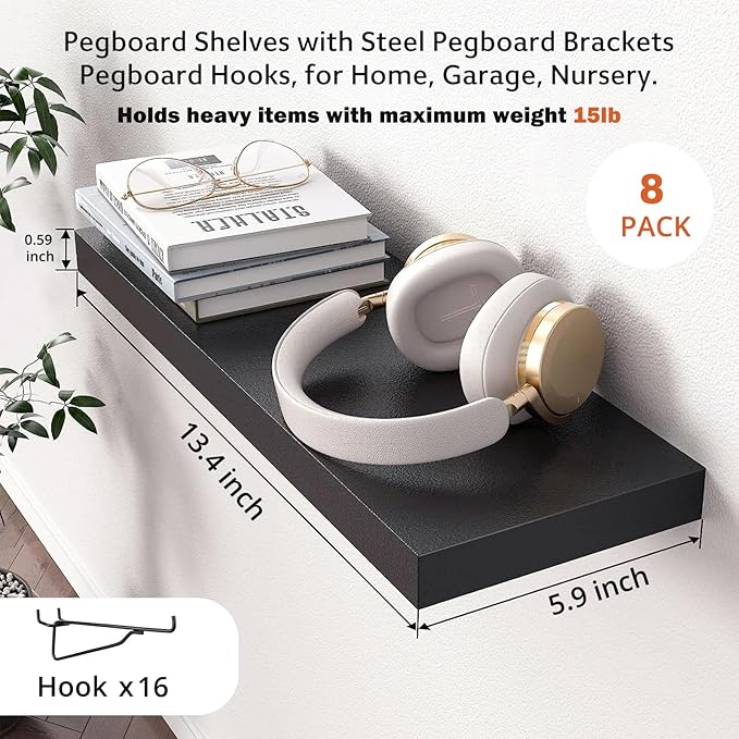 Black Pegboard Shelf, 8 Pack Wooden Pegboard Shelves with Metal Brackets Hooks, Heavy Duty Peg Board Organizer Shelves, Pegboard Accessories Organizer for Crafts Room, Garage, Workbench, Office