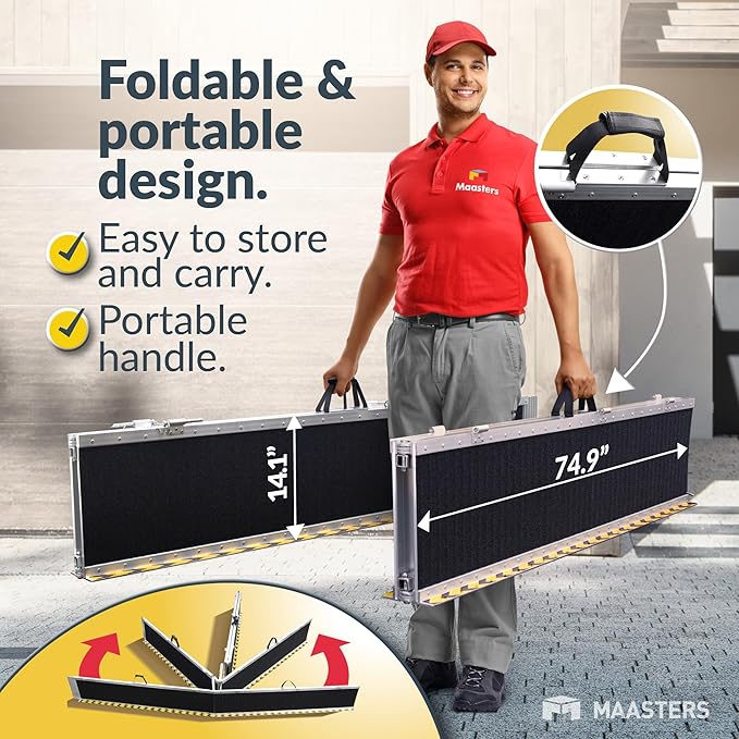 MAASTERS Wheelchair Ramp 12 Feet - Aluminum Long Portable Ramp - Loading Capacity 600 lbs - Portable 12 Foot Wheelchair Ramp with 2 Extra Support Leg