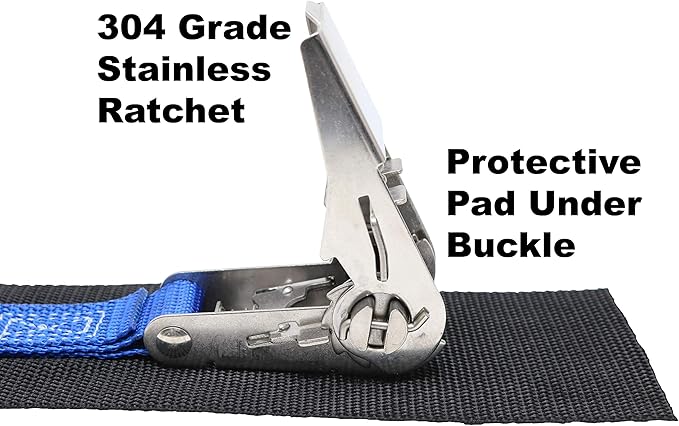 1 Inch Stainless Steel Ratchet Strap, Protective Pad Under Buckle Stainless Steel Carabiner Clip with Grommet On Each End, Fixed End Strap, Total Strap Length 8 Ft