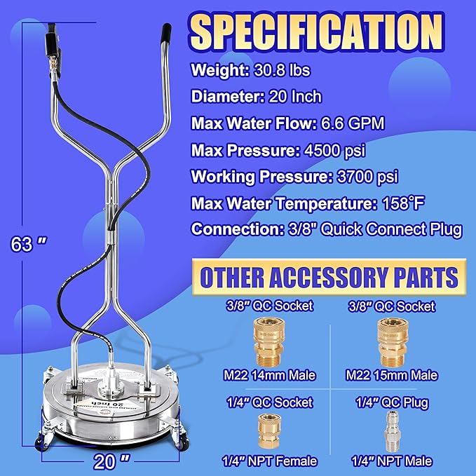 PWACCS 20" Pressure Washer Surface Cleaner, Stainless Steel Power Wash Surface Washer with Dual Handle & 4 Wheels, 4500 PSI Pressure Washer Scrubber for Cleaning Concrete, Cement, Patios and Driveways