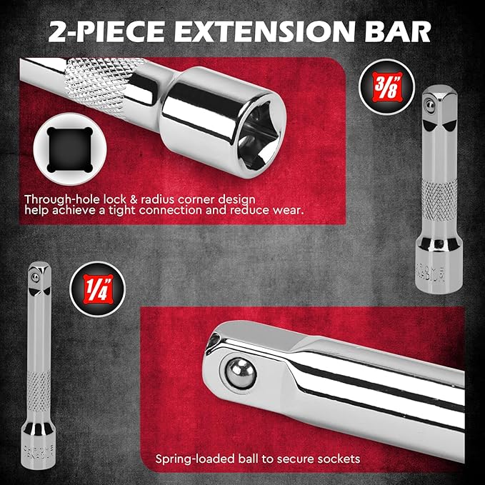 12-Piece 1/4" & 3/8" Drive 10mm Socket Set with 3-inch 3/8 & 1/4 Extension Bars | Deep & Shallow Mirror Finish Socket Set | Magnetic Storage Rail | Cr-V | 6 Point & 12 Point (13 Pack)