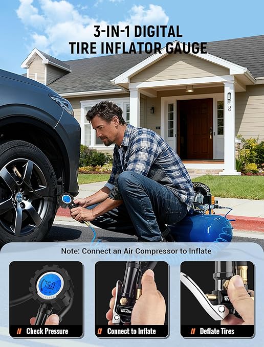 EVOULTES Digital Tire Pressure Gauge with Inflator, 0-250 PSI & 0.1 Res, Heavy Duty Tire Inflator Gauge with Locking Air Chuck & Quick Connector, Air Compressor Accessories w/Storage Box, 28 Pcs Set
