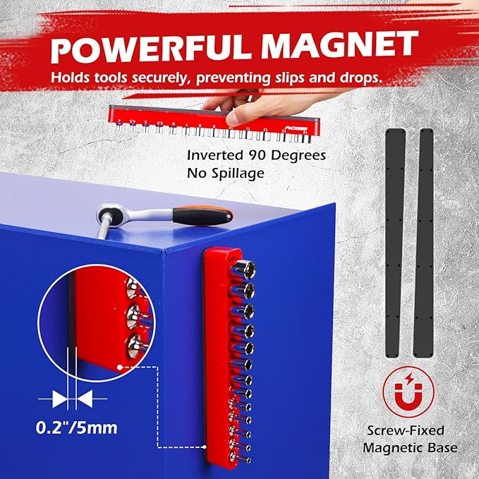 2-Piece 1/4"-Drive Metric Magnetic Socket Organizer Set (Holds 26 Sockets) - Detachable Tool Tray with 5mm Magnetic Base, Screw-Fixed Design & Heavy-Duty Modular Storage for Garage/Home Workshop
