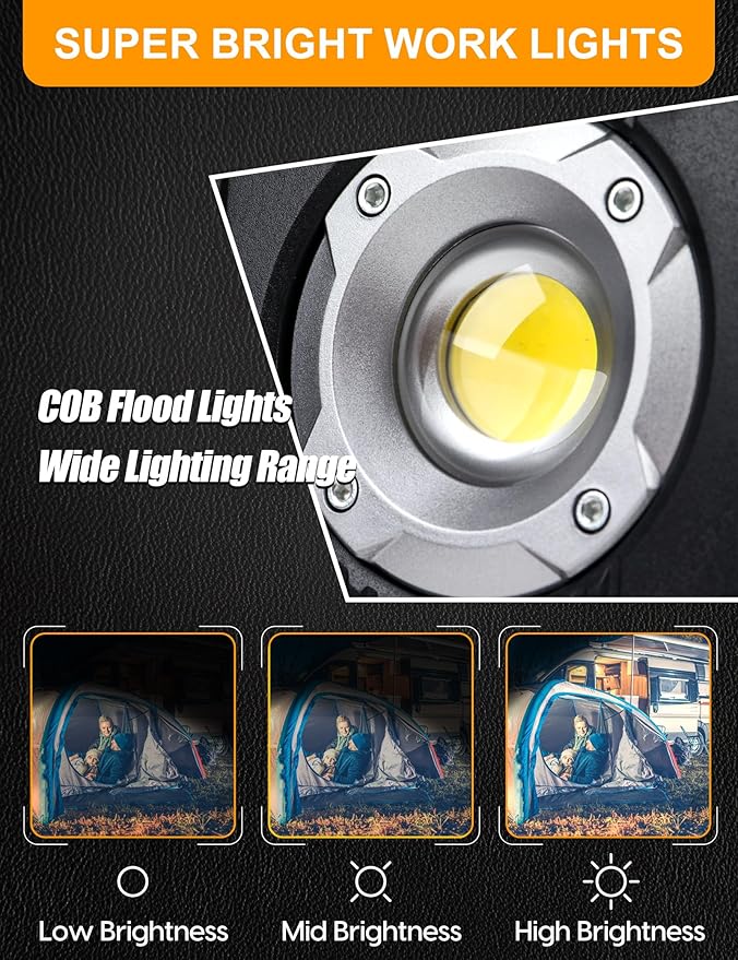 Adiding Rechargeable LED Work Light 4400mAh - Portable Flood Light With Sensor & 360 Rotation Magnetic Base for Repairing, Inspection, Garage, Camping