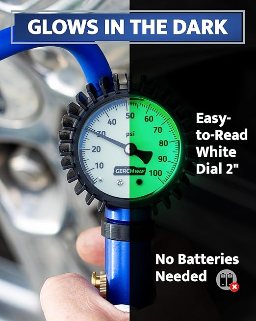 GERCHWAY Tire Inflator with Pressure Gauge and Longer Hose - Most Accurate, Heavy Duty Air Chuck with Gauge for Air Compressor Tire Inflator Attachment - 100PSI