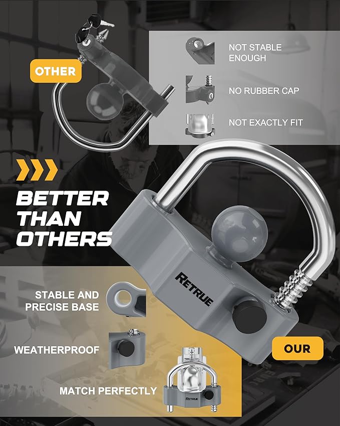 RETRUE Heavy-Duty Universal Widened Coupler Lock Fits 2-5/16 Inch Trailer Ball Locks Hitch Trailer Hitch Lock Adjustable Security Steel Fits 1-7/8 Inch, 2 Inch, 2-5/16 Inch Couplers, Upgraded Gray