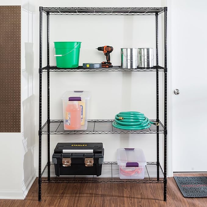 Honey-Can-Do 4-Tier Heavy-Duty Adjustable Shelves, Metal Storage Rack with 350-lb Shelf Capacity, Black, 18" W x 48" L x 72" H