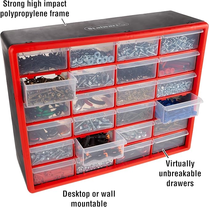 24 Plastic Drawers Organizer - Compartment Storage - Desktop and Wall Mount Container for Hardware, Parts, Crafts, Beads, and Tools by Stalwart (Red)