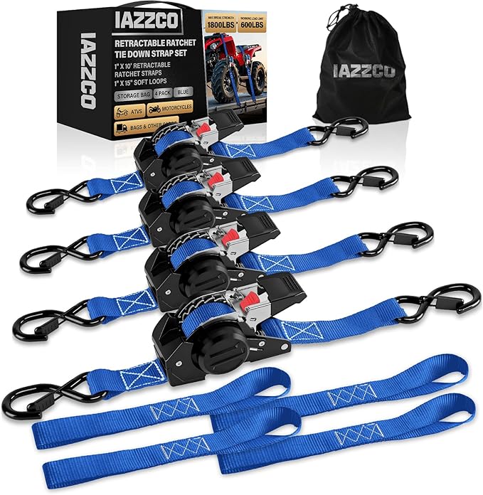 10FT Retractable Ratchet Straps(4-Pack) - 1 Inch (1800 LB Break Strength) Heavy Duty Self Retracting Ratchet Straps with Soft Loops & Storage Bag for Household, Motorcycle, Truck, ATV(Blue)