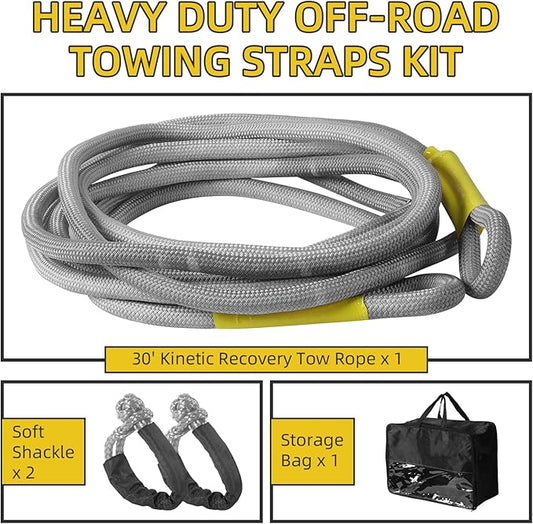 1" x 30' Kinetic Recovery Tow Rope (48,500lbs) with 2 Soft Shackles (56,000 lbs), Heavy Duty Offroad Towing Straps Kit for SUV UTV ATV Truck Jeep Off-Road Vehicle Recovery