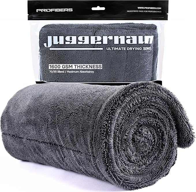 Juggernaut 1600 GSM Car Drying Towel, Holds 13 lbs, Extra Large 38x24 Microfiber Drying Towels Car Detailing, Twisted-Loop, Streak/Scratch-Free, 70/30 Blend (Gray)