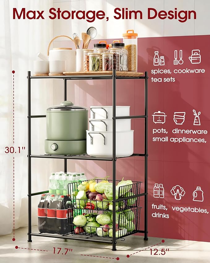 Sakugi 3-Tier Metal Storage Shelves - Space-Saving Shelf Organizer for Small Spaces, Compact Shelving Unit with Adjustable Feet for Kitchen, Garage, Laundry Room (17.7" x 12.5" x 30.1", Black)