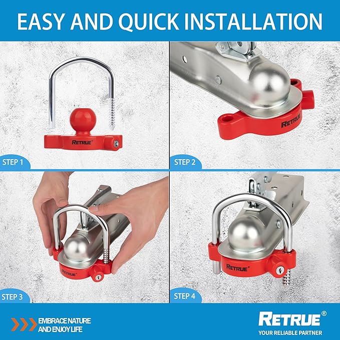 RETRUE Universal Coupler Lock Trailer Locks Ball Hitch Trailer Hitch Lock Adjustable Security Heavy-Duty Steel Fits 1-7/8 Inch, 2 Inch, 2-5/16 Inch Couplers, Red
