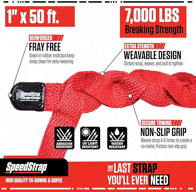 SpeedStrap SuperStrap Weavable Recovery Tow Strap 1" x 50' - Heavy Duty 7,000lb Break Strength, Emergency Towing Rope for Offroad 4x4, Jeep, Car, SUV, ATV, Boat