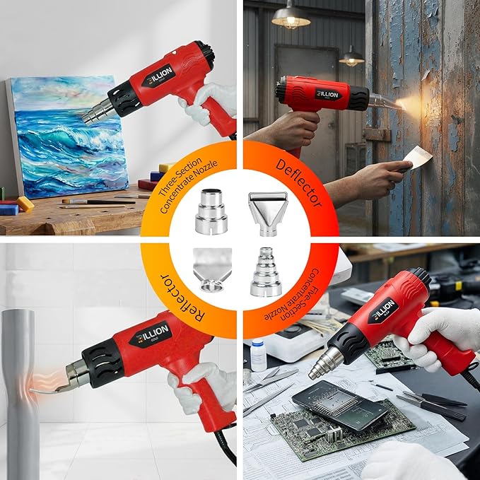 3D Grip Heat Gun 1800W - 120℉ to 1200℉ Dual Temperature Hot Air Gun Kit with 4 Nozzles - Black Red Professional Heat Shrink Gun for Crafts, Shrink Wrap, Electronics Repair