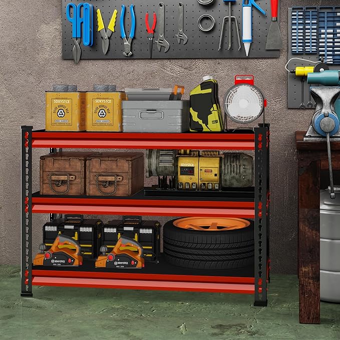 3-Tier Garage Shelving Heavy Duty,40''W x 18''D x 36''H Metal Shelving Unit,1320 lbs Weight Capacity Adjustable Storage Shelves for Retiple Tanks, Aquariums, Pantry,Red