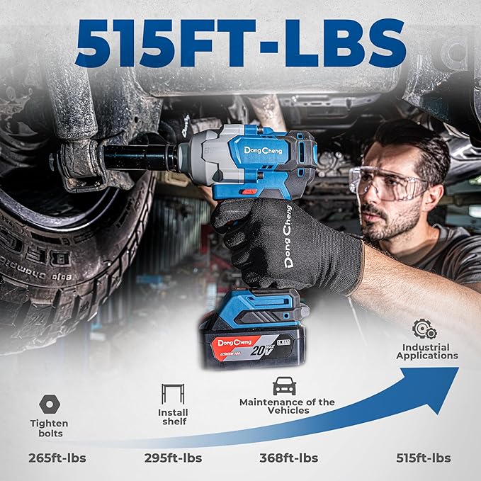 Dong Cheng 20V Brushless Impact Wrench, 670 ft-lbs (910N.m) Max Torque, 1/2 inch 4-Speed 2200RPM Cordless Impact Gun with Tool Bag, 2x4.0Ah Battery & Charger for Bolts on Cars, Trucks.etc