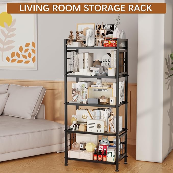GIOTORENT 5-Tier Kitchen Storage with Wooden Boards, Heavy Duty Storage Shelves & Bookshelf, Adjustable Metal Shelving Unit for Garage Kitchen Bathroom Laundry Organizer, 750LB Capacity, Black