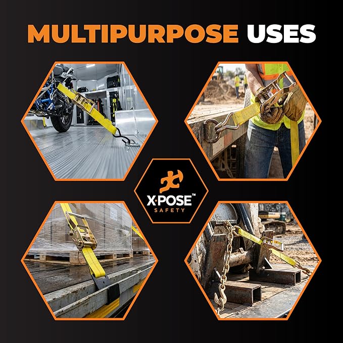 Xpose Safety 1-Pack Retractable Ratchet Straps with Double J Hooks, Heavy Duty 4" x 30', 20,000 lbs Break Strength Tie-Downs for Truck, Trailer, Kayak & Motorcycle