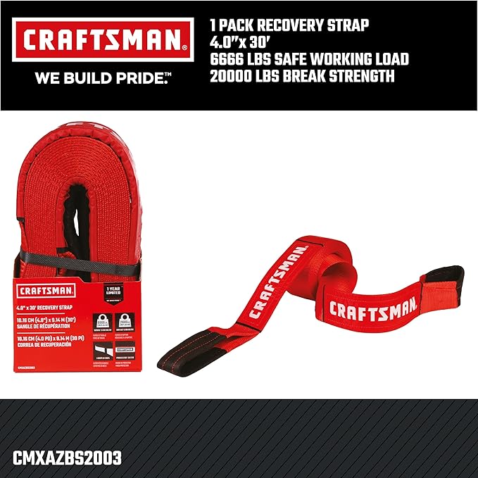 Craftsman CMXAZBS2003 Black/Red 4” x 30’ Heavy-Duty Recovery Tow Strap with Loop Ends - 6,666 lb Safe Wortking Load / 20,000 lb Break Strength
