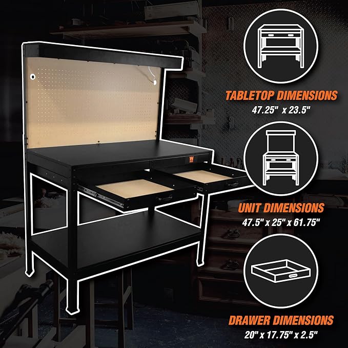 WEN WB4723T 48-Inch Workbench with Power Outlets and Light, Black