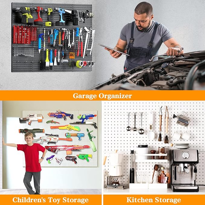 Peg Board, 4PCS Metal Pegboard Wall Organizer. Heavy Duty Pegboard, Peg Boards, Pegboard for Walls, White Pegboard for Garage Craft Room Workbench Office Kitchen Tool Organization, 12"*12"
