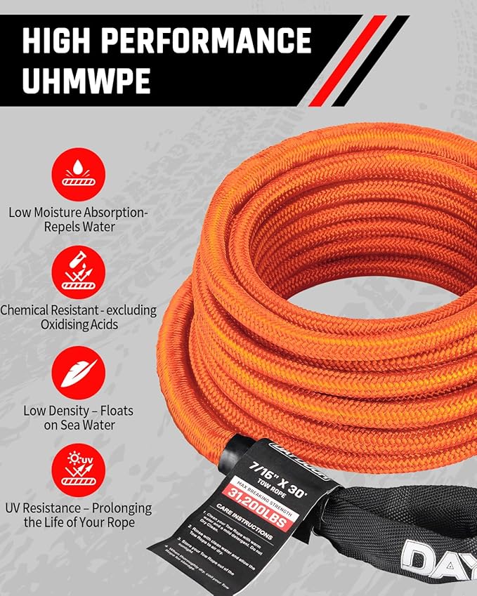 DAYDOOR Recovery Tow Rope Kit with 2 Soft Shackles, 7/16 Inch x 30 ft 31,200 Lbs UHMWPE Tow Strap, Synthetic Towing Rope Recovery Kit for ATV, UTV, SUV, Cars (Orange)