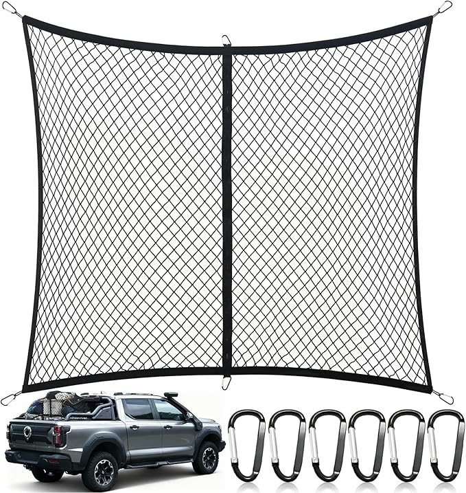 Cargo Net for Pickup Truck Bed, Highly Elastic Truck Bed Net, Suitable for Daily Light Loads of Trucks, 4'x4' Stretches to 7'x7', with 6 Metal Carabiners