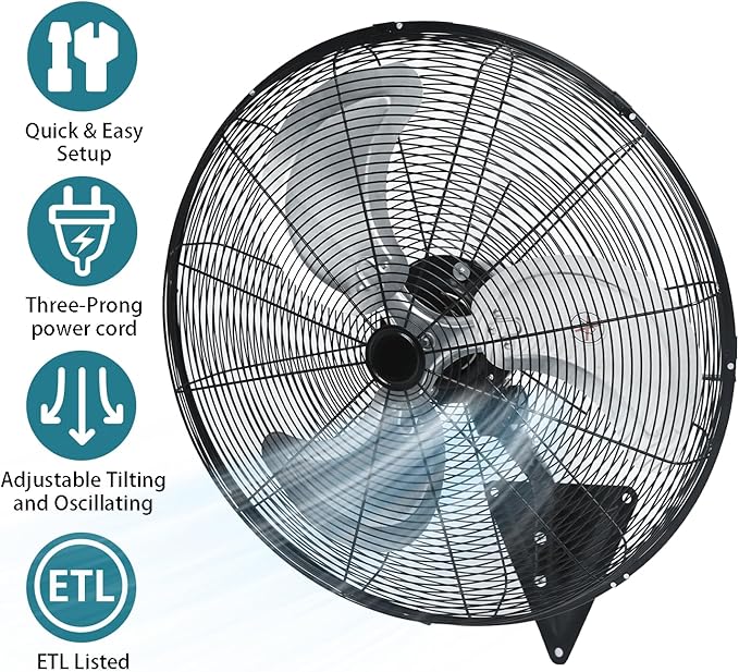 AZOUTDOOR 24" Wall Mount Fan, 120° Oscillating Fan and High Velocity 3-Speed Wall Fans, 8850 CFM Industrial Outdoor Wall Fans for Commercial, Garage, Residential, Warehouse - Etl Listed, Black